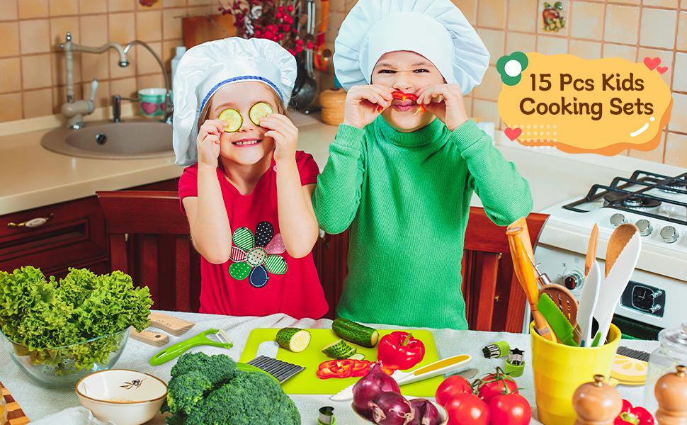 15 Pieces Kids Safe Knife Set for Real Cooking Child-Friendly Plastic Chef Tools Montessori Kitchen Toys for Toddlers with Bright Colors Gifts for Boys and Girls