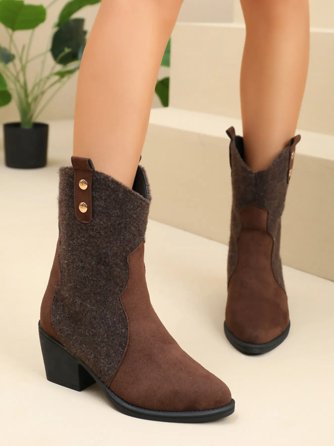 New Fall Winter Maroon Patchwork Plush Western Short Boots for Women, Matte Velvet Pointed Toe Thick Heel Mid-Calf Boot, Vintage Commuter Versatile Slimming Western Boot