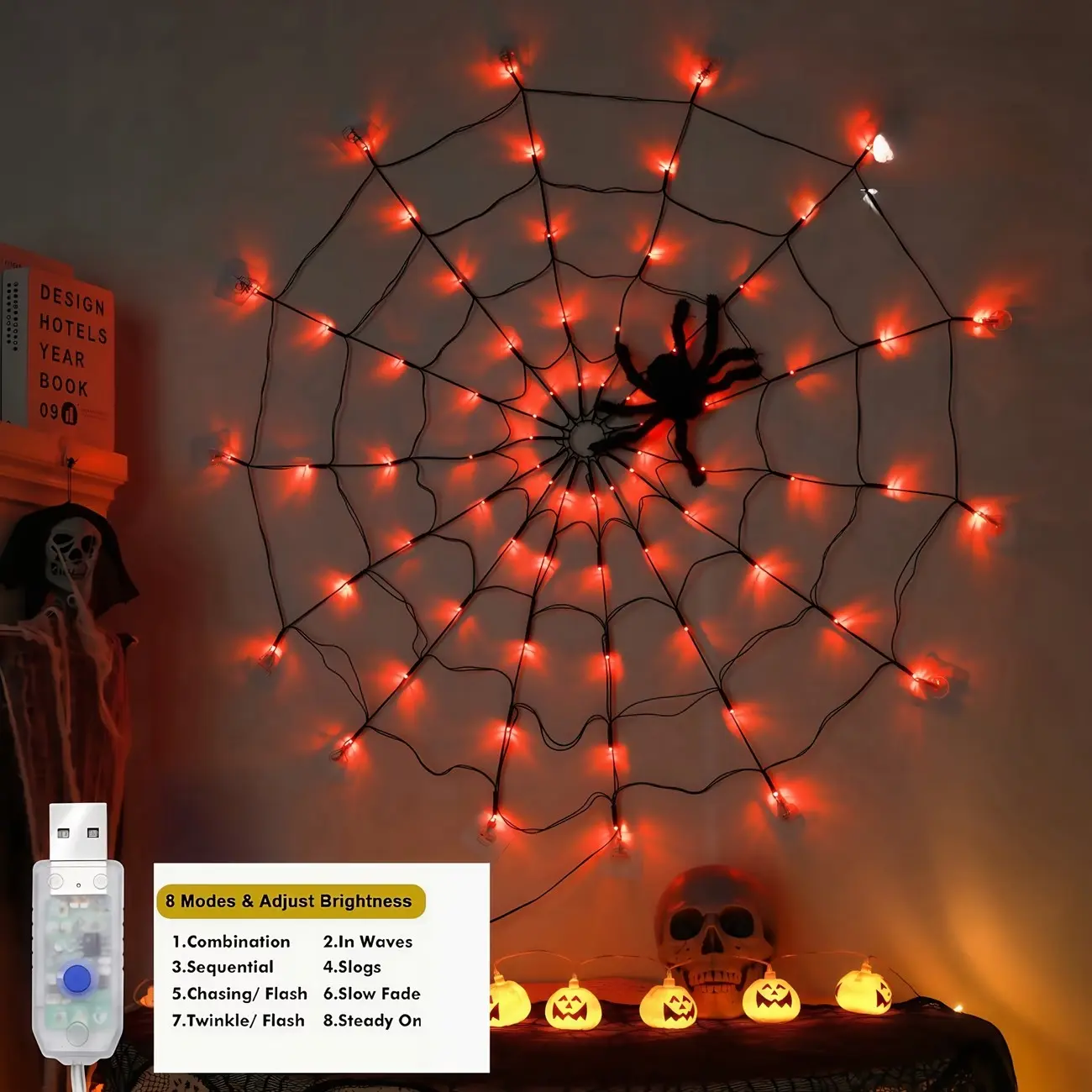 Halloween LED Spider Web Light with Large Spider Accessory, 70 Leds, USB Powered, 8 Modes, PVC & Metal, Decorative Lights, Party Decoration, Bedroom, Garden Decor
