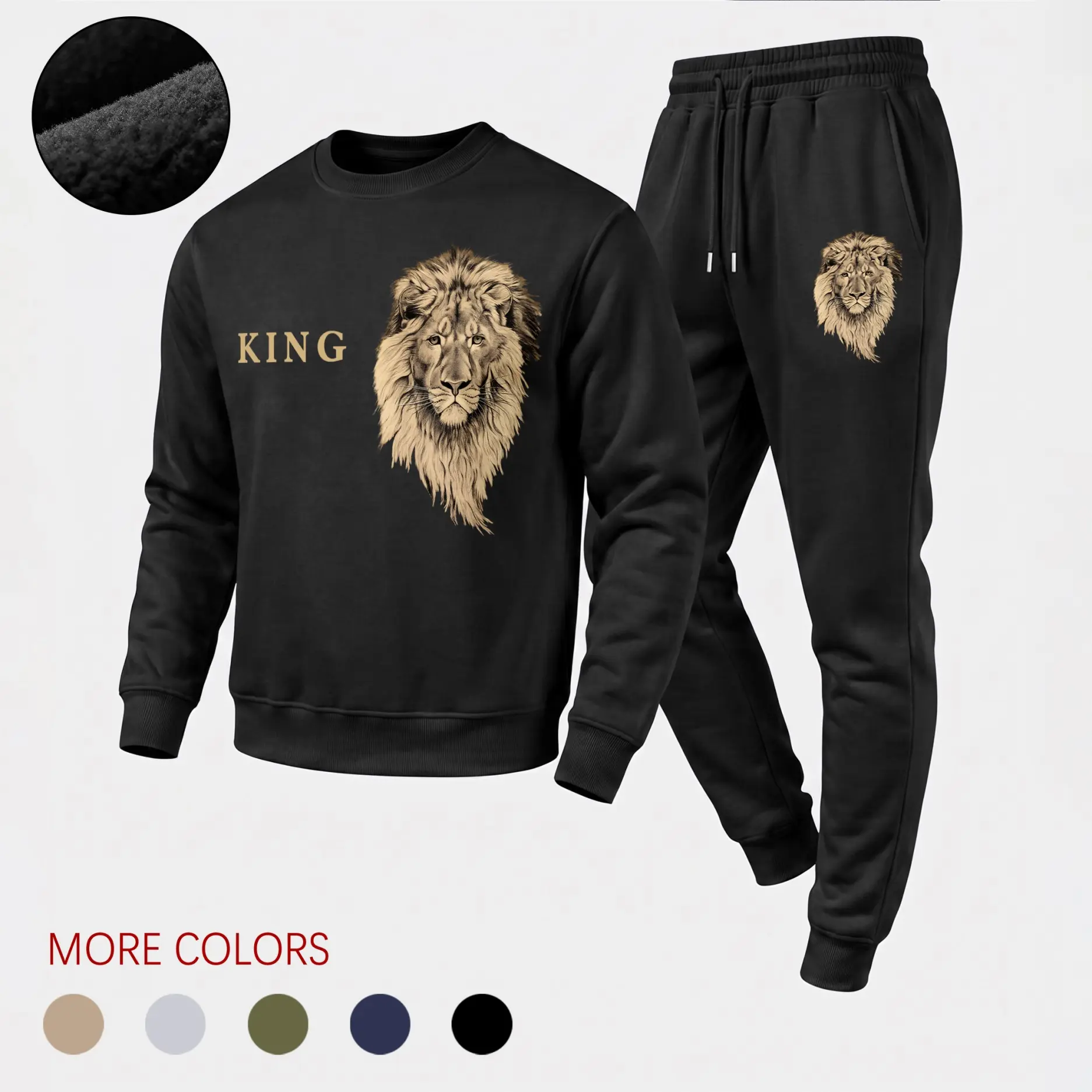 Men's King Lion Graphic Crewneck Sweatshirt and Jogger Pants Set, Casual Long Sleeve Pullover with Drawstring Sweatpants, Warm Fall Winter Tracksuit for Daily Wear, Travel, Lounge, Workout and Outdoor Activities