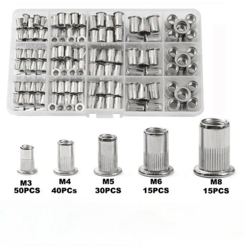 GJANSH Rivet Nut Tool Kit, 150pcs SAE/Metric Rivet Nut Assortment Kit , w Galvanized Carbon Steel Flat Head Threaded Insert Nuts ( 150pcs) ,Threaded Insert Nut Set, M3/M4/M5/M6/M8 Threaded Nut Set, Stainless Steel Rivet Nut Assortment Kit