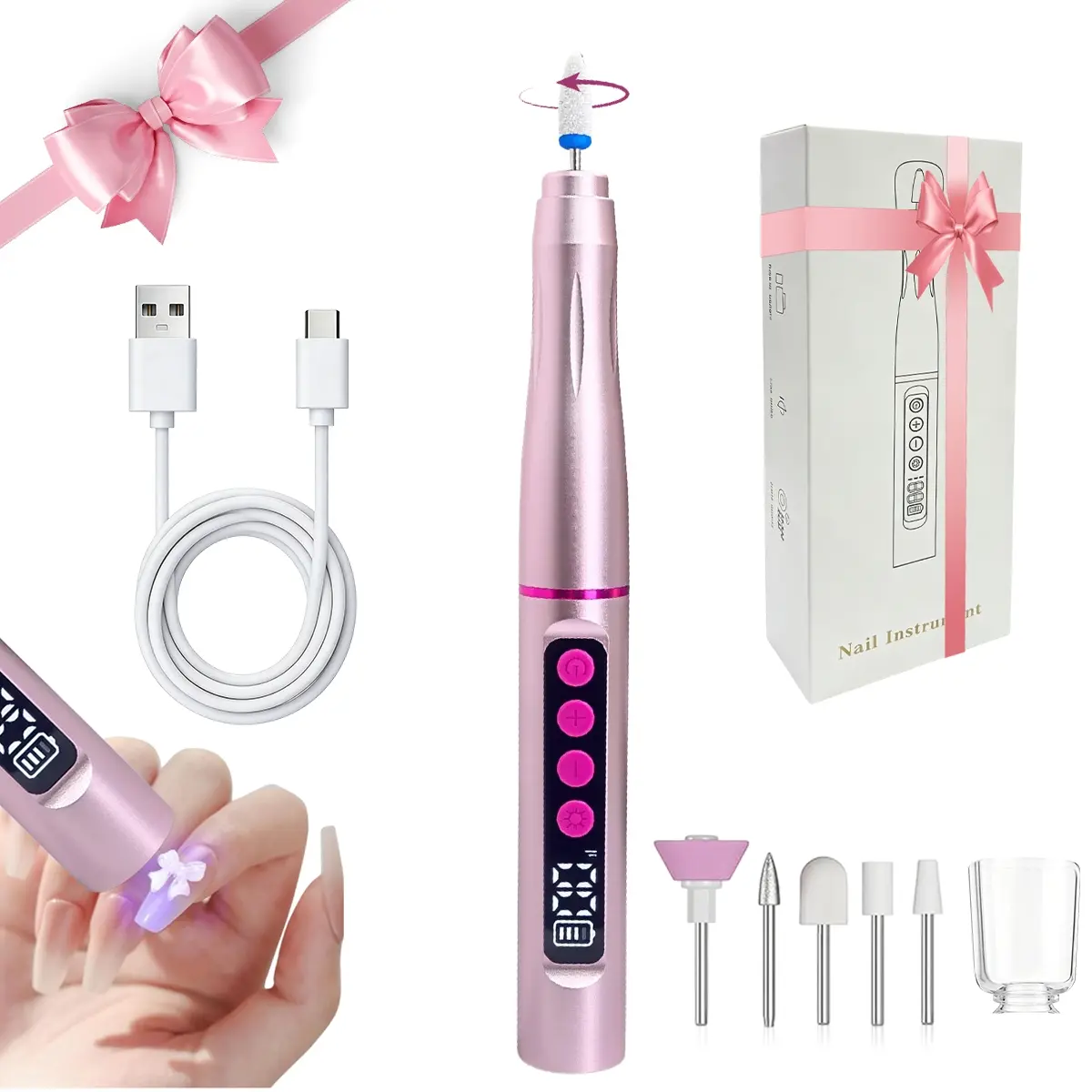 2-in-1 Cordless Nail Drill Machine with UV Lamp, 35000RPM Electric Nail Drill Pen, 35-Speed Adjustable, 6 Bits Set & Dust Cover, Rechargeable Nail File Tool for Gel Acrylic Nails Manicure, Nail Art Tools