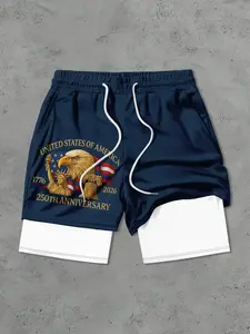 Men's Dual-Layer Quick-Dry Gym Shorts, Vintage Eagle Statue Clock Pattern, Drawstring Elastic Lining, Ideal for Fitness Surfing Summer Daily Wear