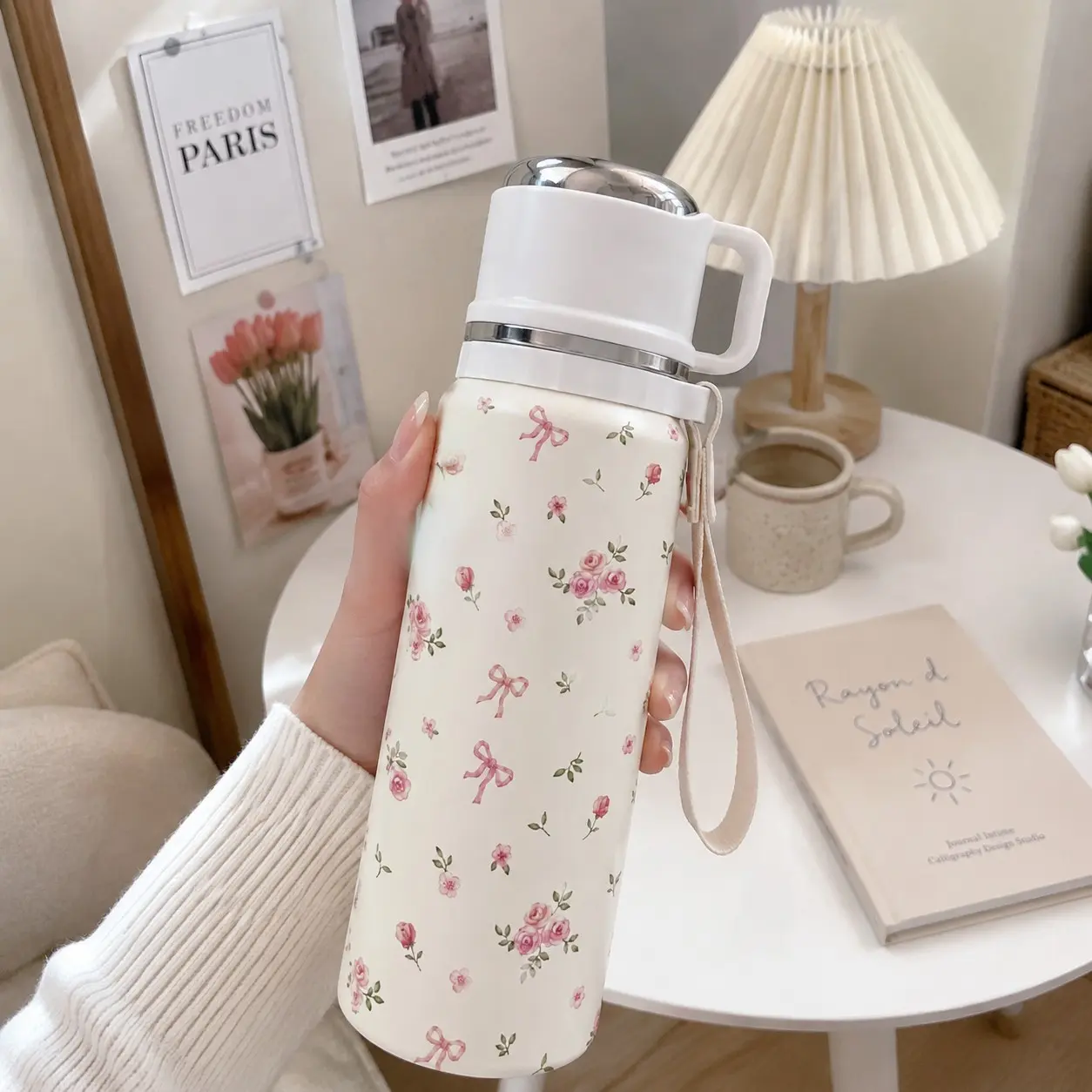 1 Pc 20oz Pink Floral Rose Bow Insulated Tumbler with Handle, Double Wall Stainless Steel Travel Mug, Leak-Proof Lid, Keeps Drinks Cold 24hrs , Portable Cup with Wrist Strap, Vintage Aesthetic Flower Coffee Cup, Perfect Gift for Halloween, Girls & Friends