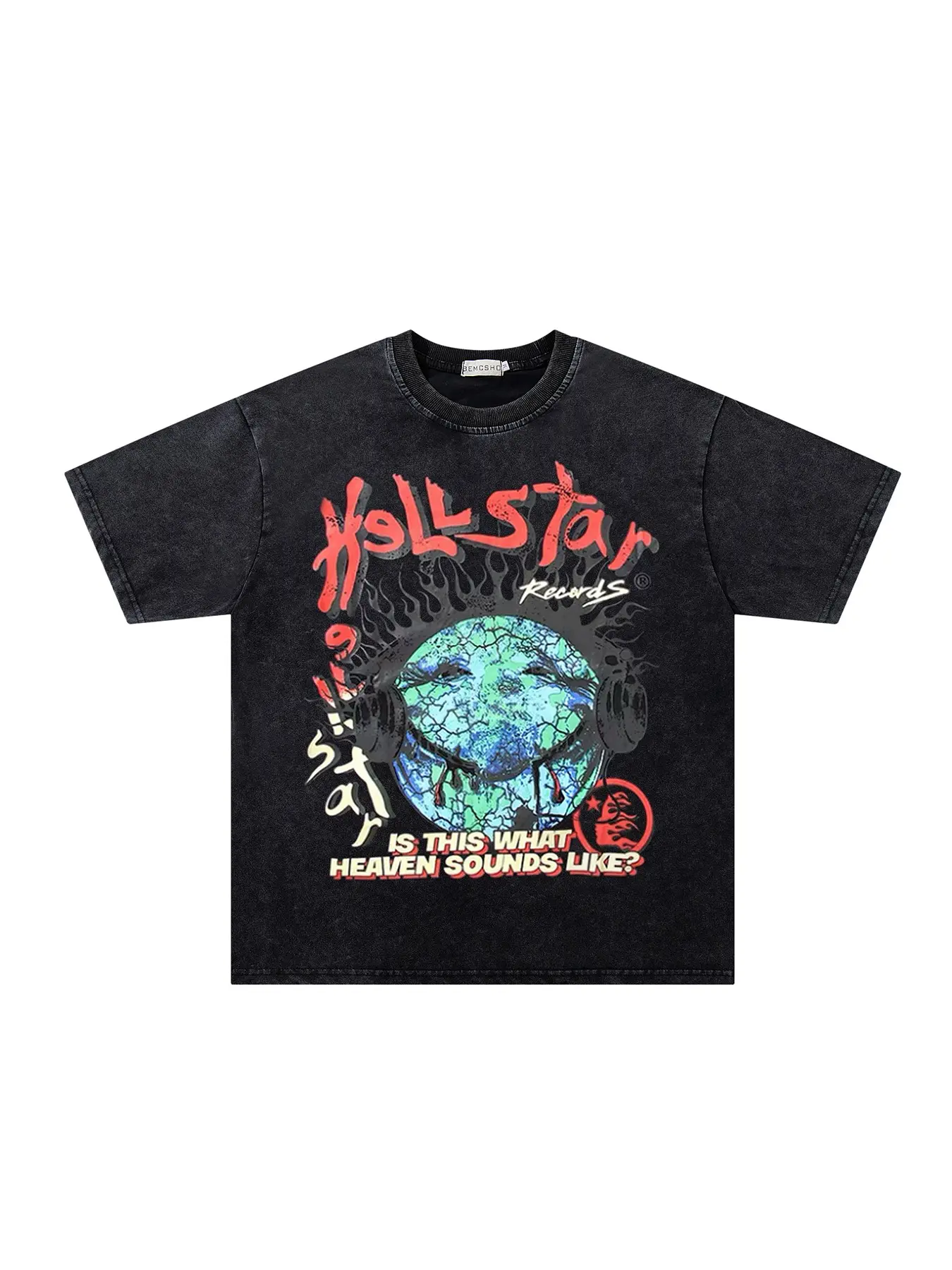 Men's Summer Fashion T-Shirt, Vintage Washed Tie-Dye Blue Earth Earphone Flame Star Print, Casual Short Sleeve Top, Trendy Streetwear, Casual Graphic Tee
