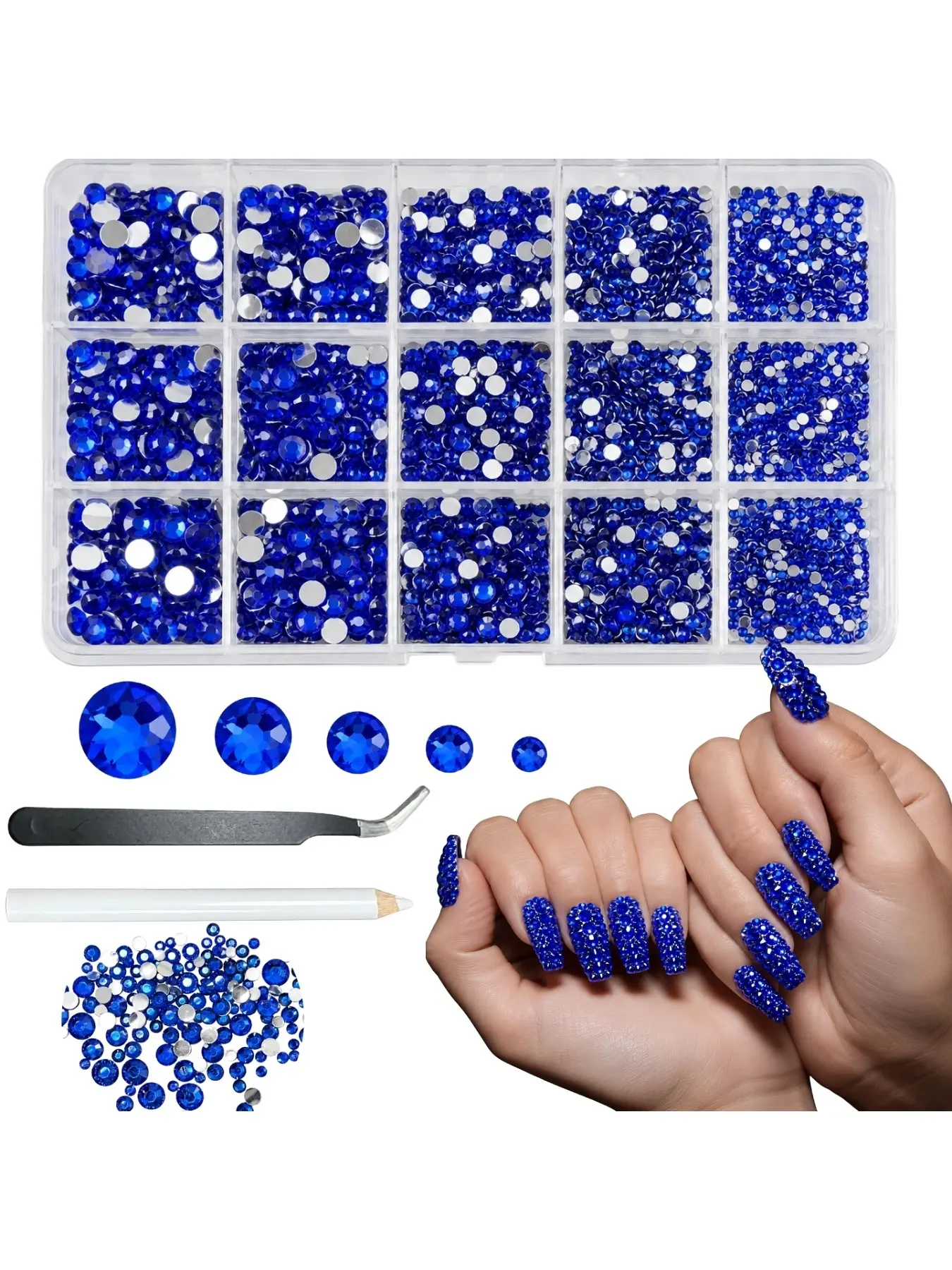 15 grid blue resin rhinestone set, flat bottomed gemstone, used for clothing, water bottles, shoes, fabric decoration, and nail art, decorative rhinestones