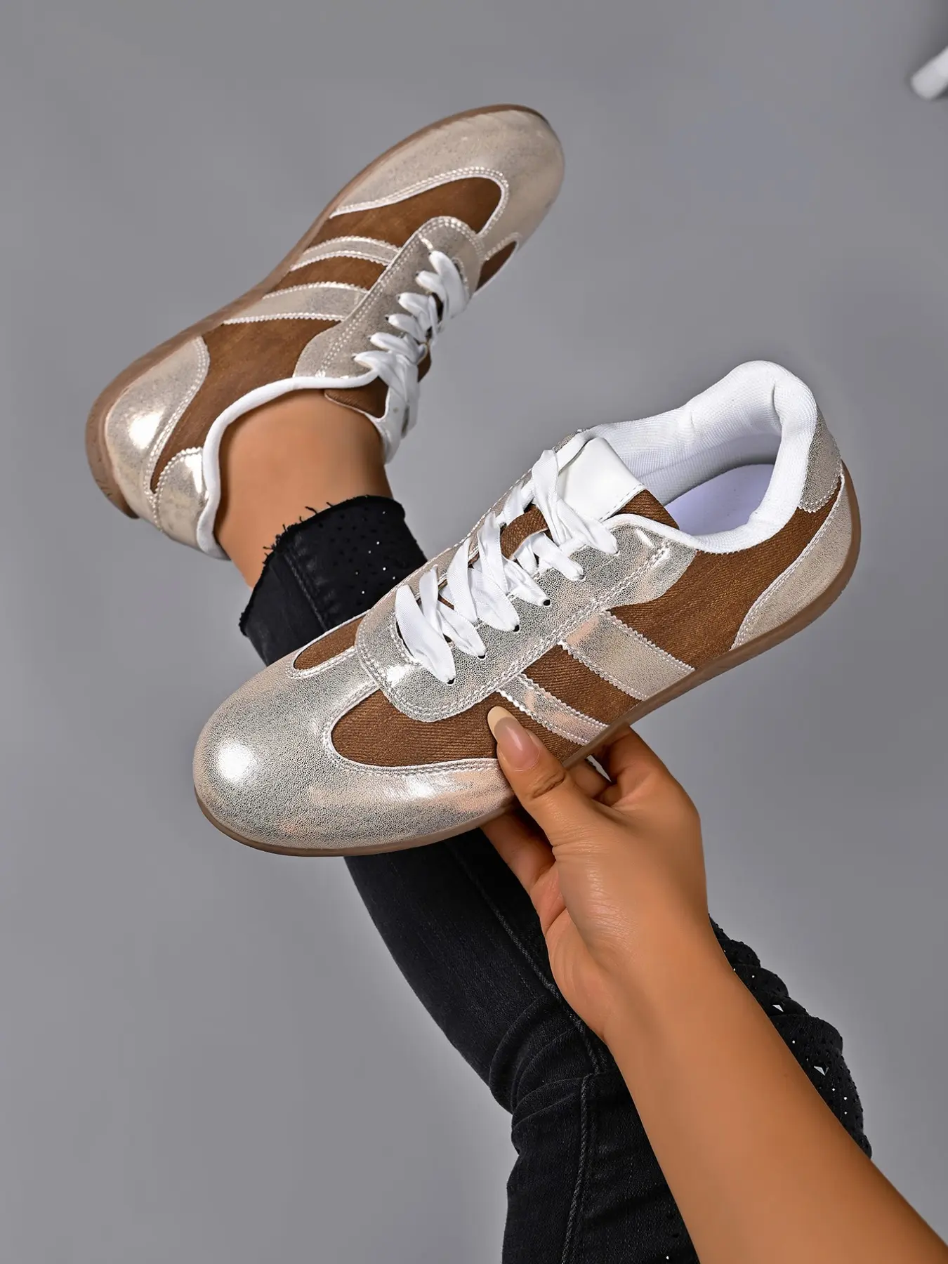 Women Retro Shiny Metallic Silver Color & Coffee Denim Patchwork Casual Sneakers Shoes, Gum Rubber Flat Sole, Lace Up Casual German Trainers