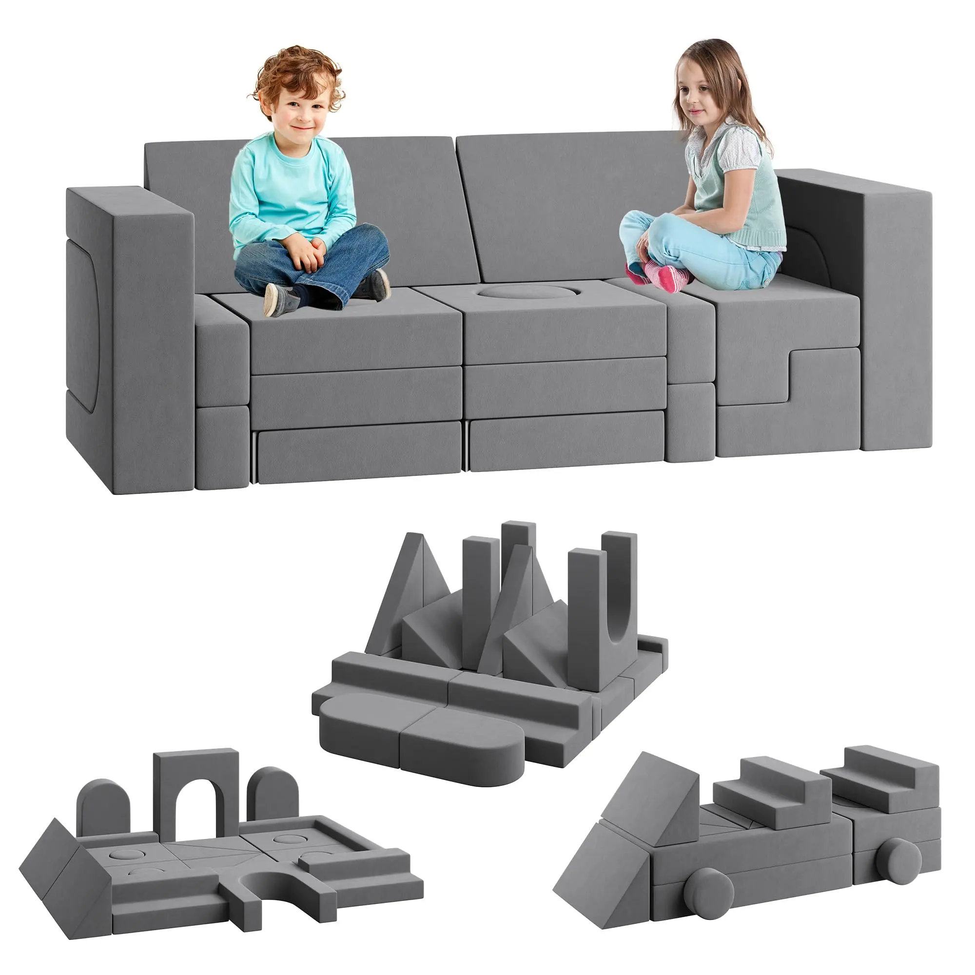 Kids' 22-Piece Modular Foam Block Play Couch - 2-Seat Convertible Indoor Sofa, Easy Cleaning, Safe Educational Furniture for Holidays, Baby Showers, Birthdays to Boost Children's Motor Skills, Sponge, Two Seats