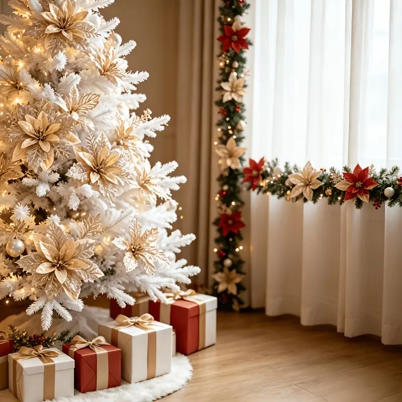 Champagne Color Poinsettia Artificial Flowers with Glitter Berry Branches, Christmas Home Wedding Holiday Tree Decorations, Festive Ornaments