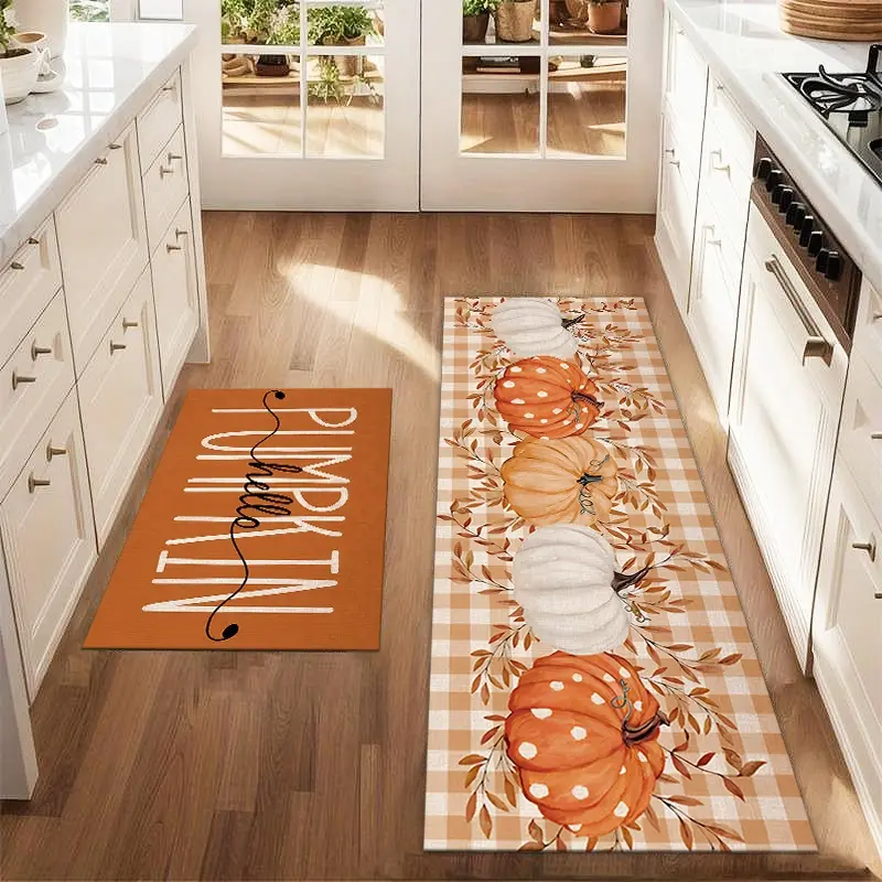 2 Counts Autumn Themed Floor Mat Set, Orange Grid and Cute Pumpkin Print Carpet for Dining Room and Laundry, Farmhouse Kitchen Floor Rugs, Room Decor