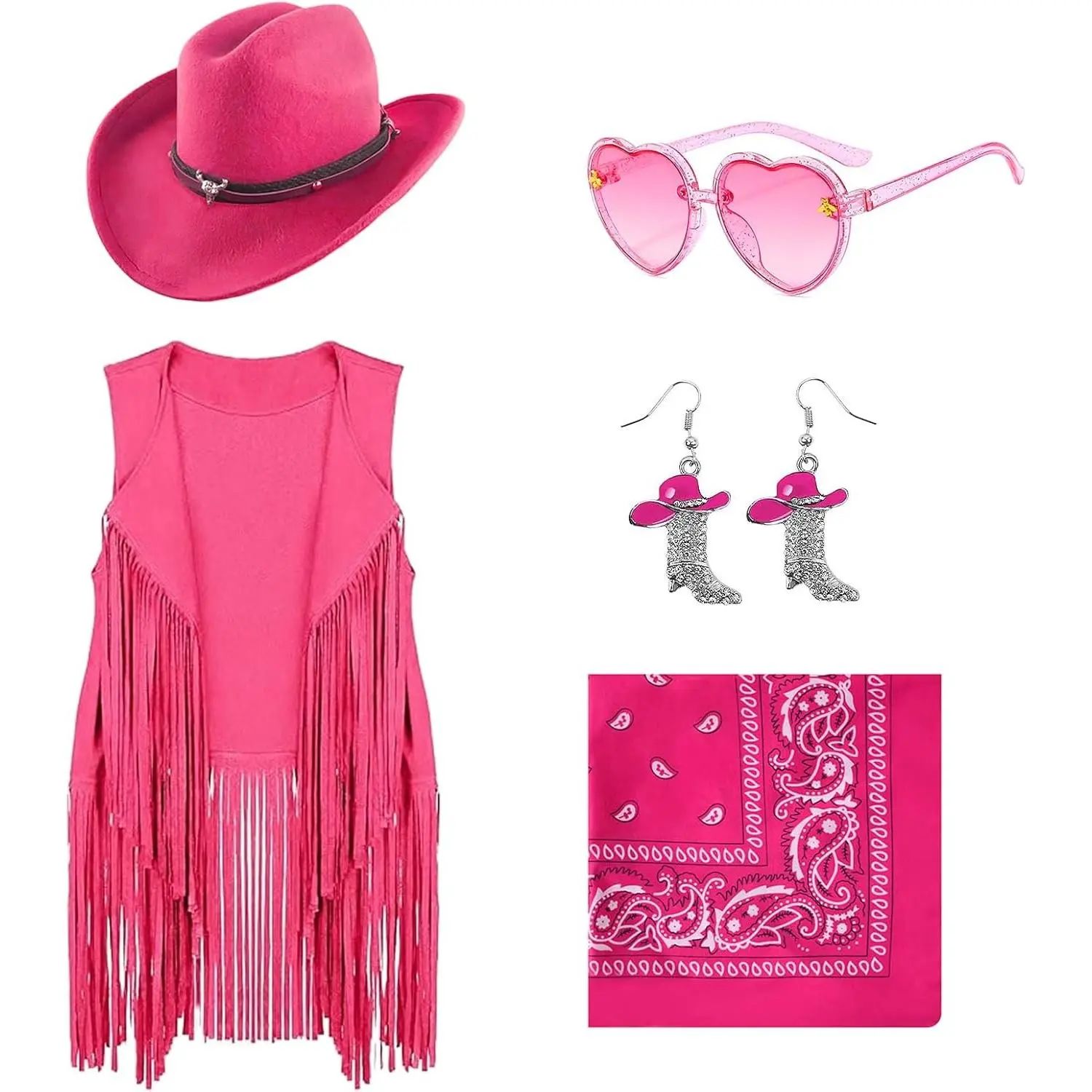 Girls Cowgirl Costume Set - 6 Pcs Western Outfit with Cowboy Hat, Fringe Vest & Earrings for Halloween Party(Gift)