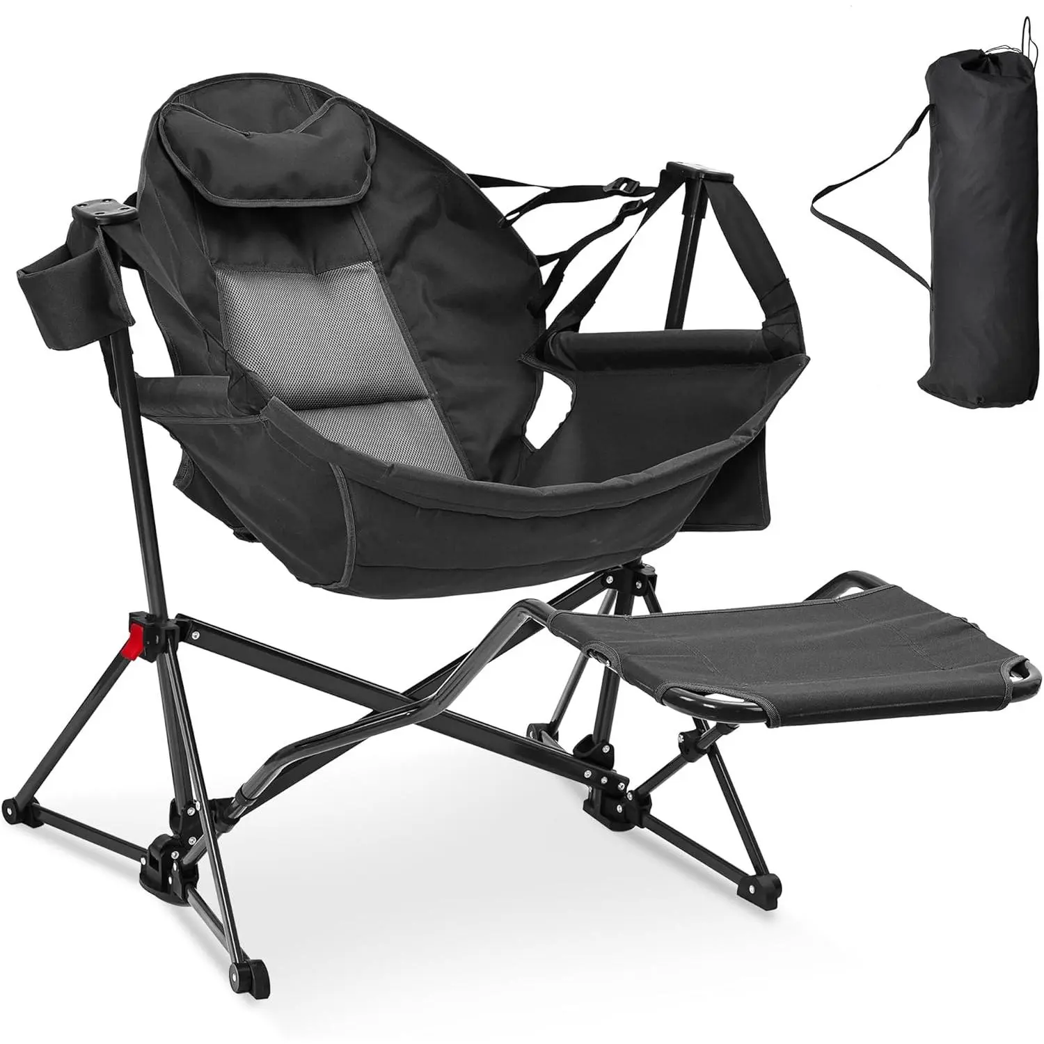 Hammock Camping Chair with Footrest, Foldable Portable Rocking Chairs for Adults Outside Swinging Camp with Cup Holder Pillow for Outdoor Patio Poolside (Black)