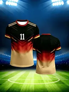 Summer Men's German Gradient Football 11 Print Short Sleeve T-Shirt, Breathable Mesh Comfort Stretch, Casual Slim Fit Jersey, Soccer Shirt
