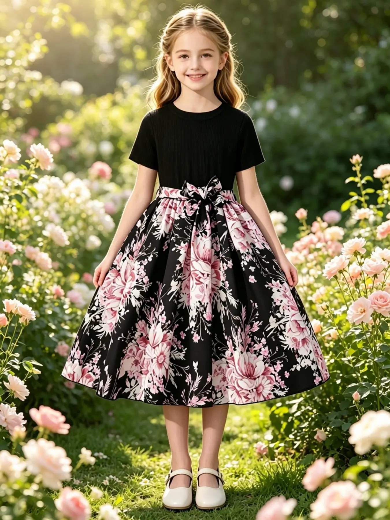 Girls' Floral Print Dress, Printed Dress, Fitted Short Sleeve, Butterfly Knot Waist, Breathable Cotton, Summer for Parties & Playgrounds
