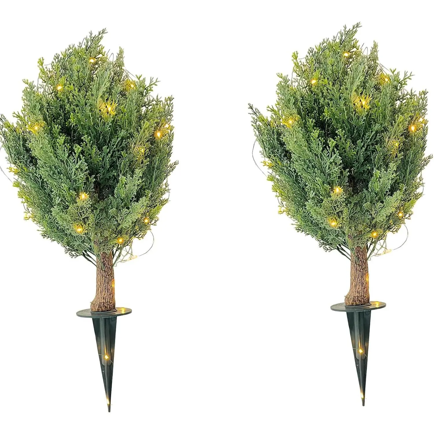 2-Pack UV-Resistant Cypress Topiary Trees – Artificial Evergreen Plants with Ground Spikes & LED Lights, Front Porch, Patio & Garden Decor