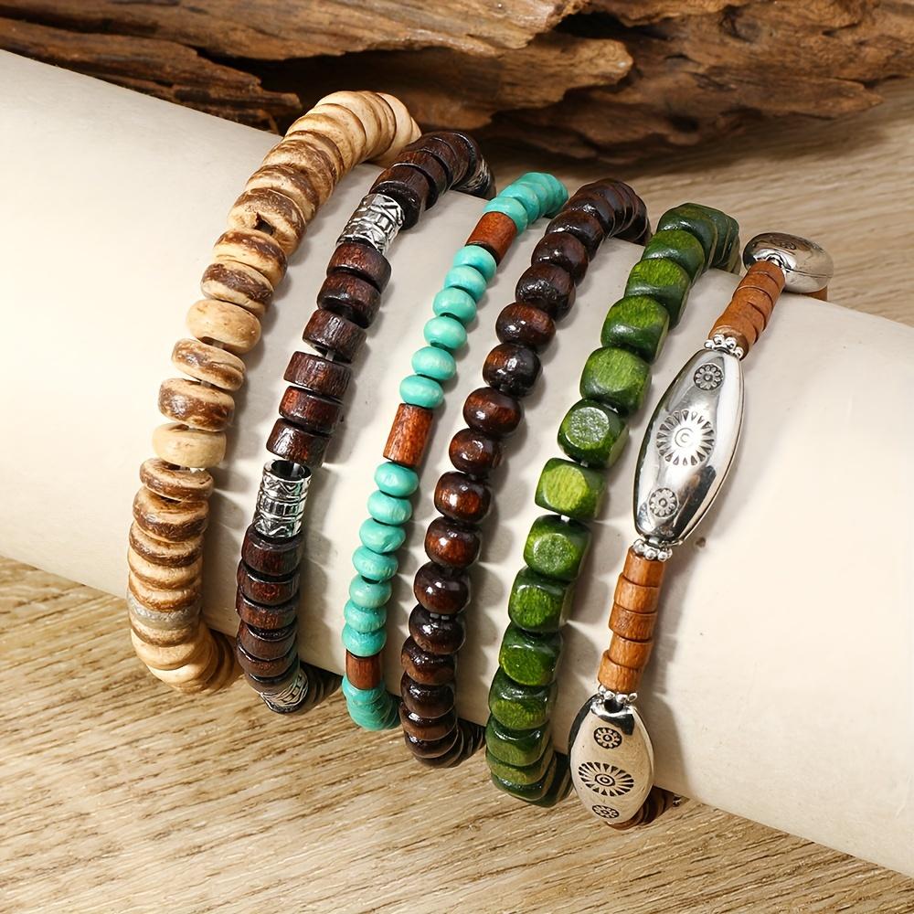 6pcs Set of Coconut Wood Bead Elastic Cord Minimalist Bohemian Style Men's Bracelet Bangle