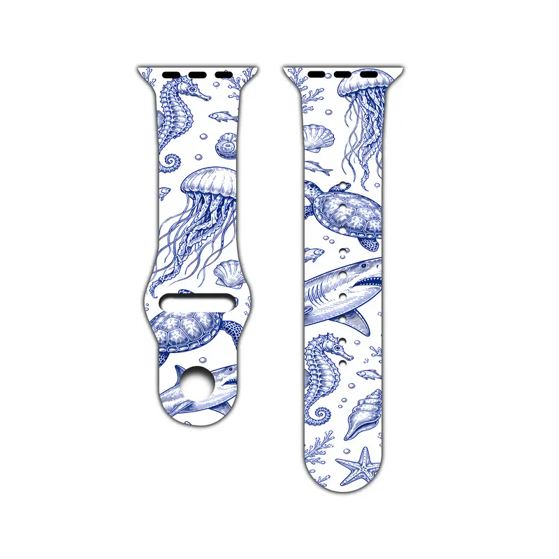 White Blue Sketch Jellyfish Seahorse Shark Turtle Print Silicone Watch Band, Vintage Nautical Replacement Strap, Soft Coastal Wrist Accessory