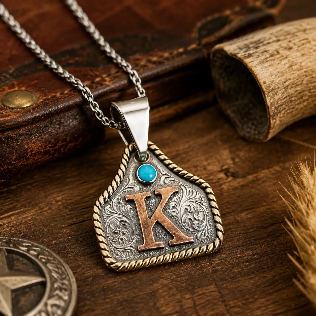 Custom Western Initial Cow Tag Charm, Vintage Cowboy Charm with Antique Metal Finish, Personalized Letter Pendant for Necklace,Keychains, Bags,Wallets and Western Accessories(Titanium steel chain included)