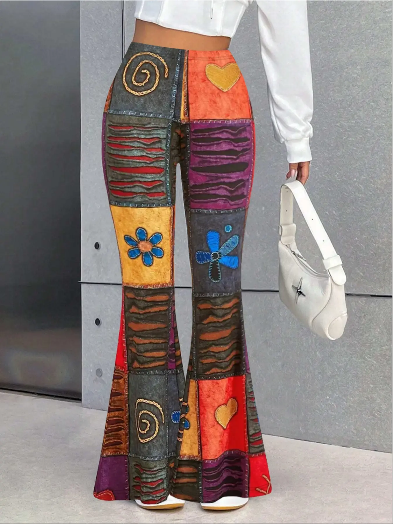 Digital Print Women's Flare Pants, Casual Slim-Fit Long Pants for All Seasons, Solid Pattern, Plain Surface, Unlined, Fashionable Daily Wear