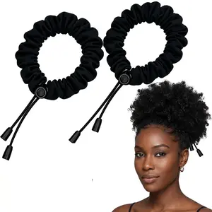 Adjustable Satin Hair Ties for 4C Thick Curly Hair, No Damage Silk Scrunchies for Afro Puff Loc Ponytails, Elastic Hair Band for Women Girls (2Pcs Black)