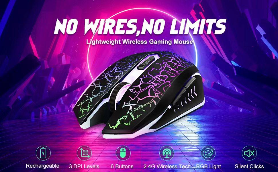 Wireless Gaming Mouse, Rechargeable Wireless Computer Mouse, 7-Color LED Light, Ergonomic Mouse with 6 Silent Click Buttons, 3 Adjustable 2400 DPI Wireless Mouse for Laptop,PC,Mac, Black