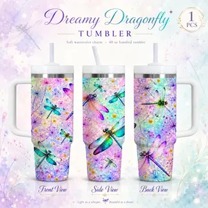 Dreamy Iridescent Dragonfly Vacuum Flasks 40oz Stainless Steel Vacuum Insulated Tumbler with Handle & Straw | Long-Lasting Cold & Heat Retention, Leak-Resistant | For Iced Coffee, Water, Office, Gym & Travel