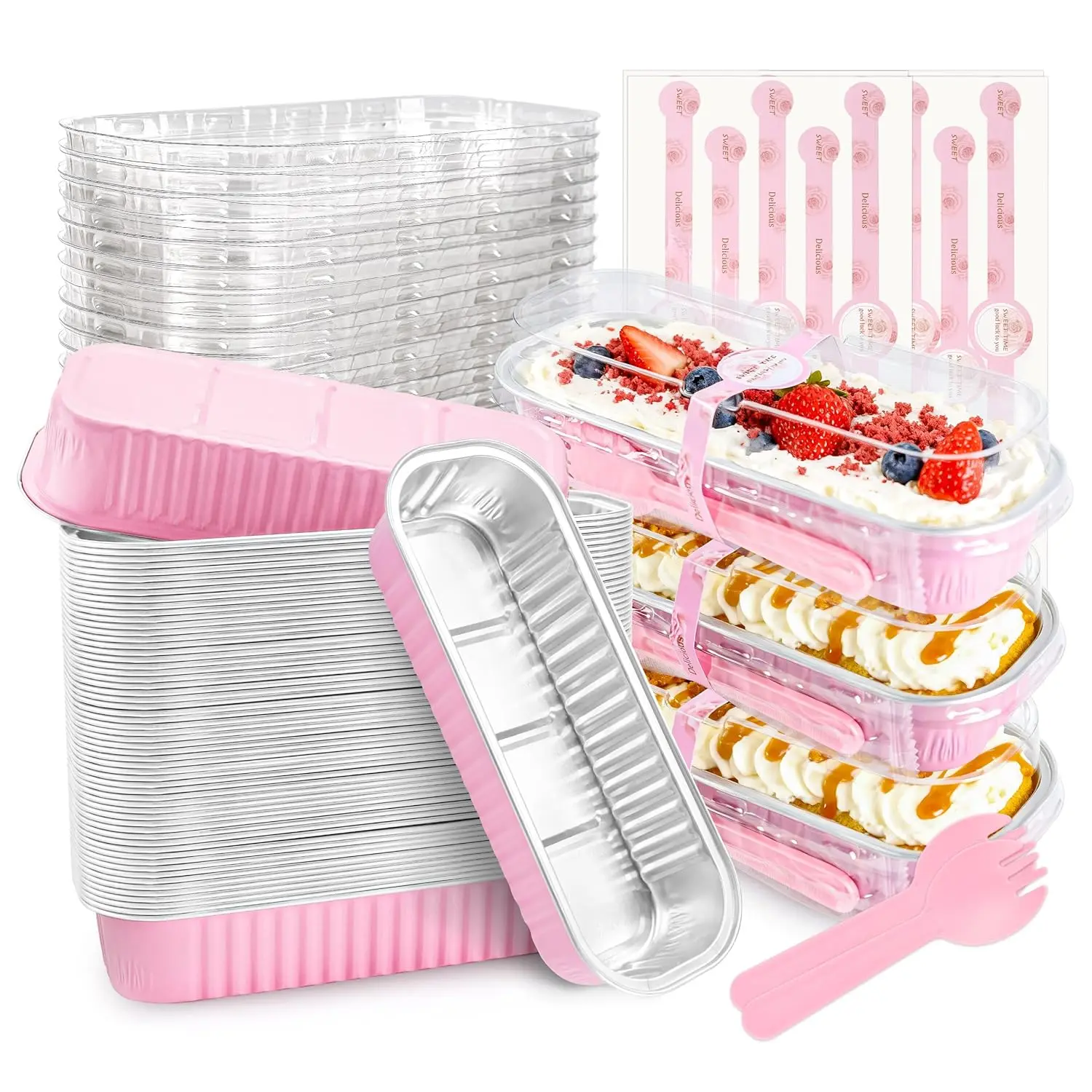 Mini Cake Pans with Lids and Spoons, 50 Pack Pink Mini Loaf Pans with Lids, Mini Cake Containers for Baking, Mini Cheesecake and Party Desserts, Individual Cake Pans with Lids