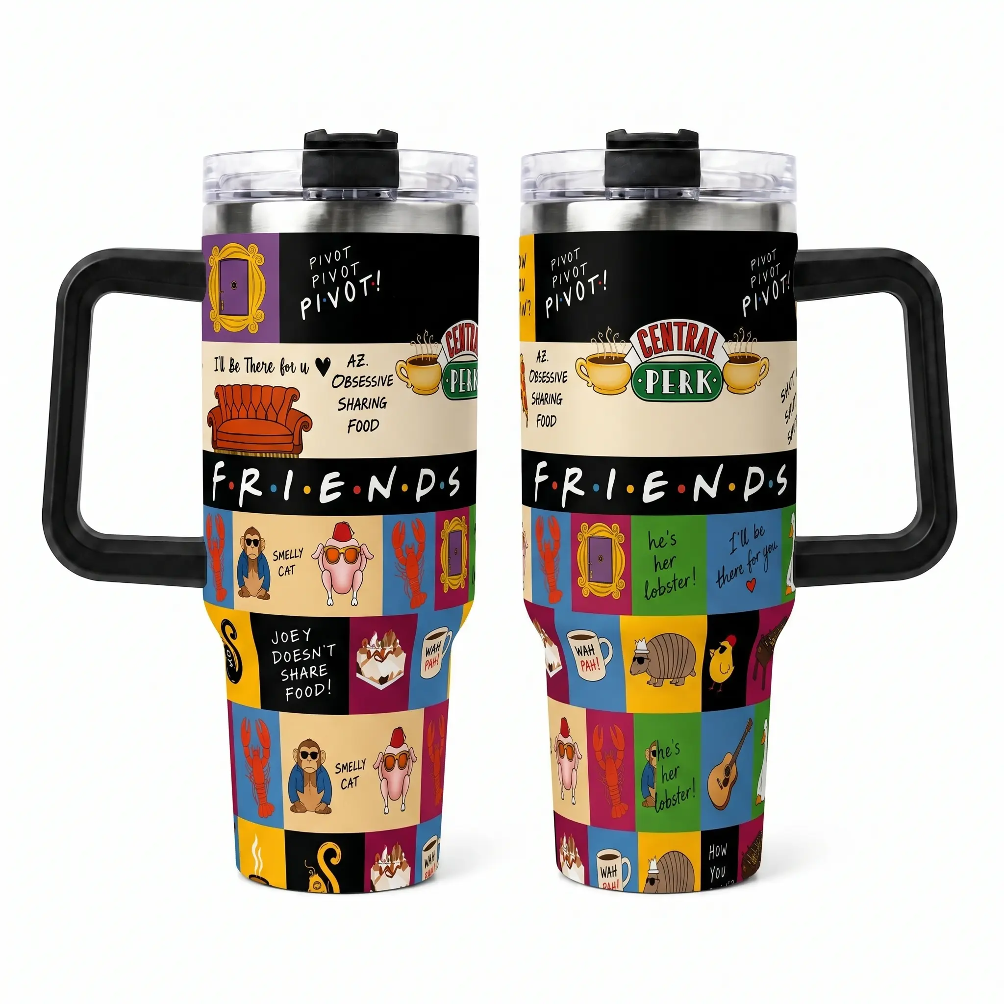 Funny 90s TV Show Sitcom Fan 40oz Stainless Steel Tumbler with Handle and Straw, Nostalgic Coffee Shop Theme Birthday Gift for Best Friends, Cup Holder Friendly Travel Cup for Daily Hydration Father's Day Gift