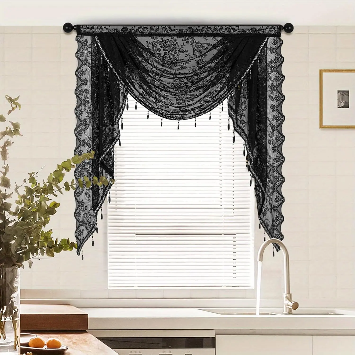 Black Sheer Lace Waterfall Window with Bead Tassels Floral Embroidered Curtains Semi Sheer Rod/Swags for Bedroom/Living Room//Basement(Black,39"x41")