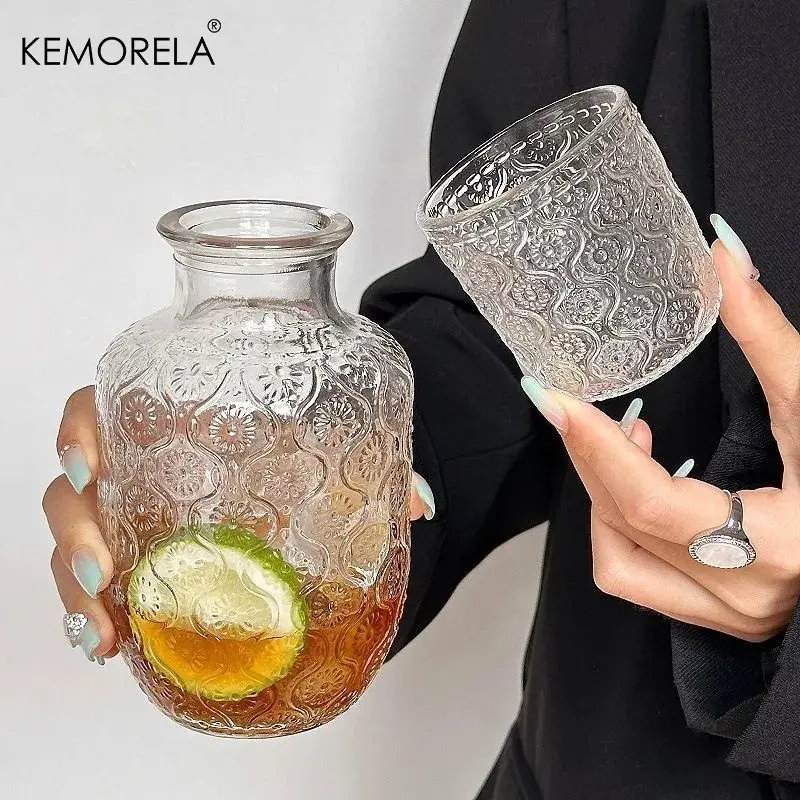 Kemorela Vintage Bedside Water Carafe and Glass Set, Elegant Drinkware, Durable Glassware, Drinking Glassware, Classic Home Decor, Five Styles