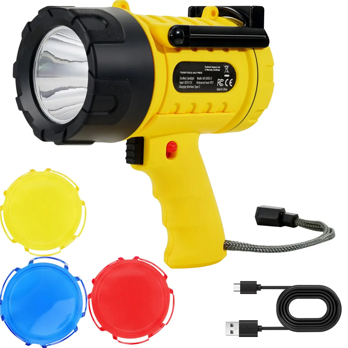 Rechargeable Spotlight Flashlight, 1000,000 Lumens, IP67 Waterproof Handheld LED Spot Light, Super Bright Portable Searchlight with 4 Modes Detachable Lens USB Port, for Hunting Boating Camping