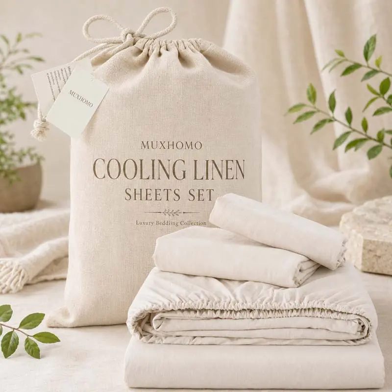 MUXHOMO  3/4 pcs Linen Blend Bed Sheets Set, Soft Breathable Bedding Sheets, 16 Inch Deep Pocket Fitted Sheet, Durable Fade Resistant Easy Care Sheets with 1/2 Pillowcases, Machine Washable All-Season Bedding Set for Bedroom