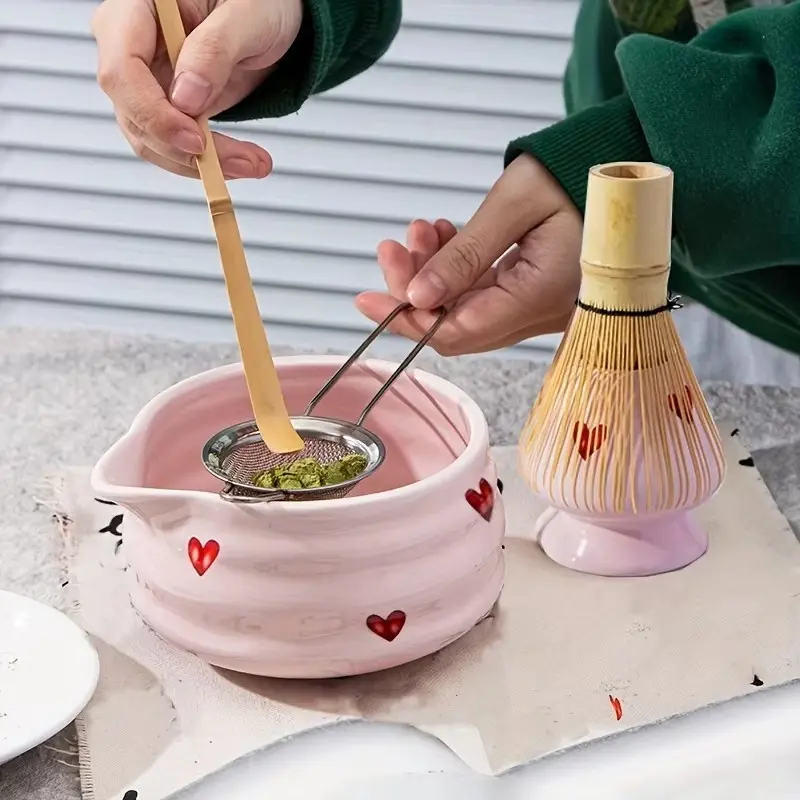 5pcs pink matcha tea set, cute heart-shaped ceramic matcha bowls, breakfast and latte making tools set, etiquette matcha set, Tea Accessories. Suitable for families, outdoors, Christmas. The best gift for girls, friends and mothers.