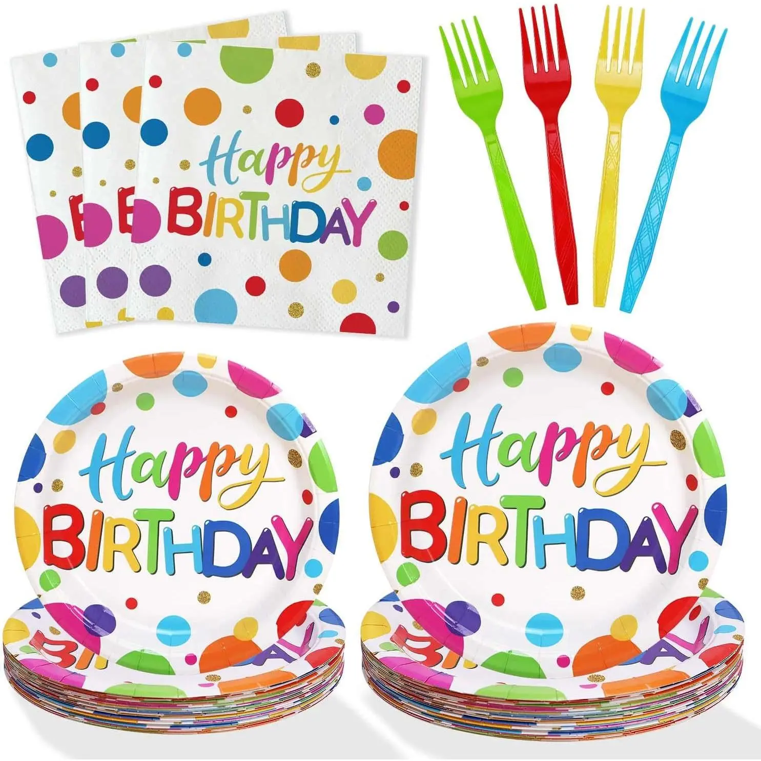 Multicolor Birthday Decorations Plates Set for 25 Guests, 100 count Birthday Paper Plates Napkins Forks with Colorful Dots Design Tableware for  Boys Girls