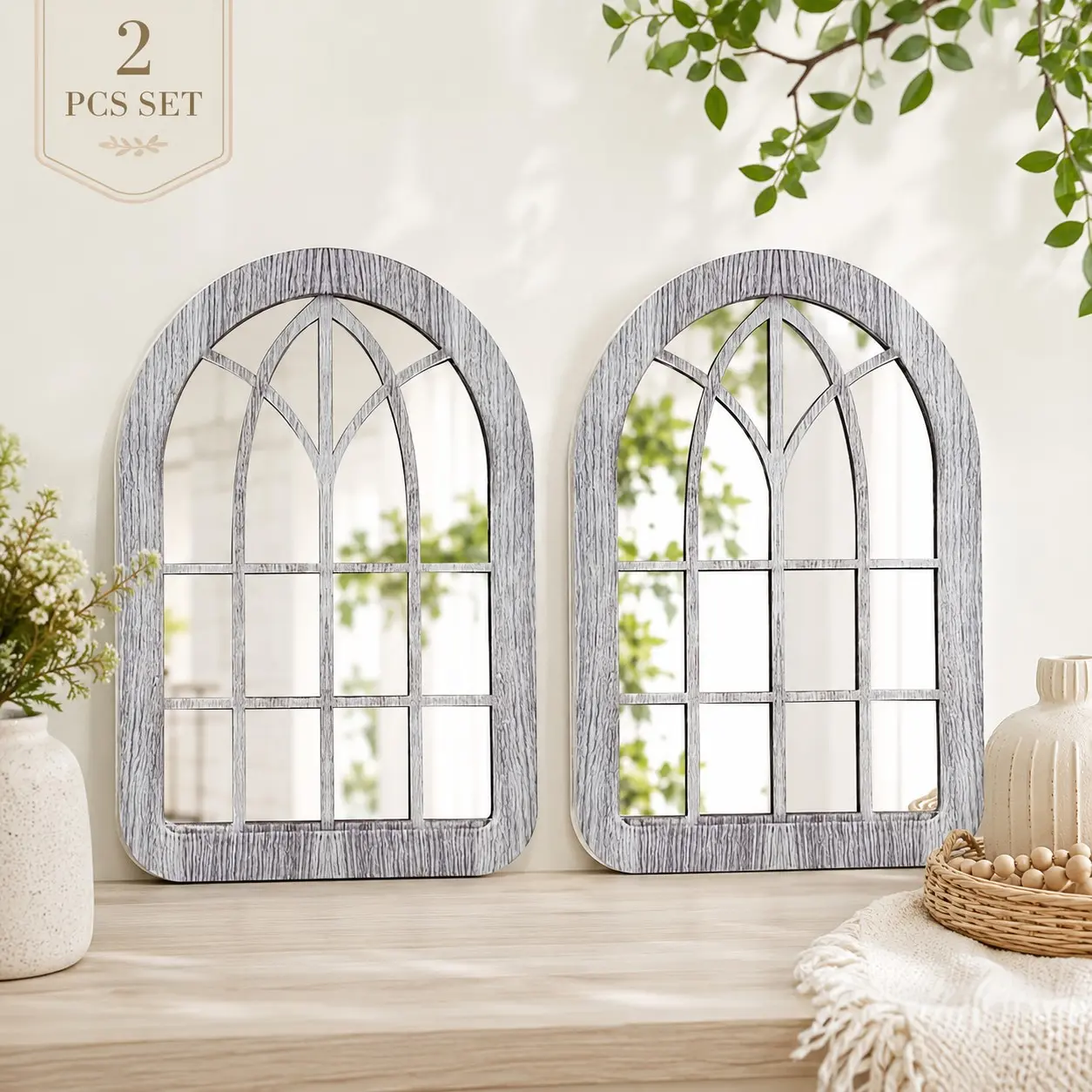 2-Pack Peel-And-Stick Arched Window Mirror Wall Decor, Farmhouse Style Acrylic Mirror, Modern Vintage Frame, Easy Install, Bedroom Bathroom Vanity, Decorative Mirrors For Wall Decor