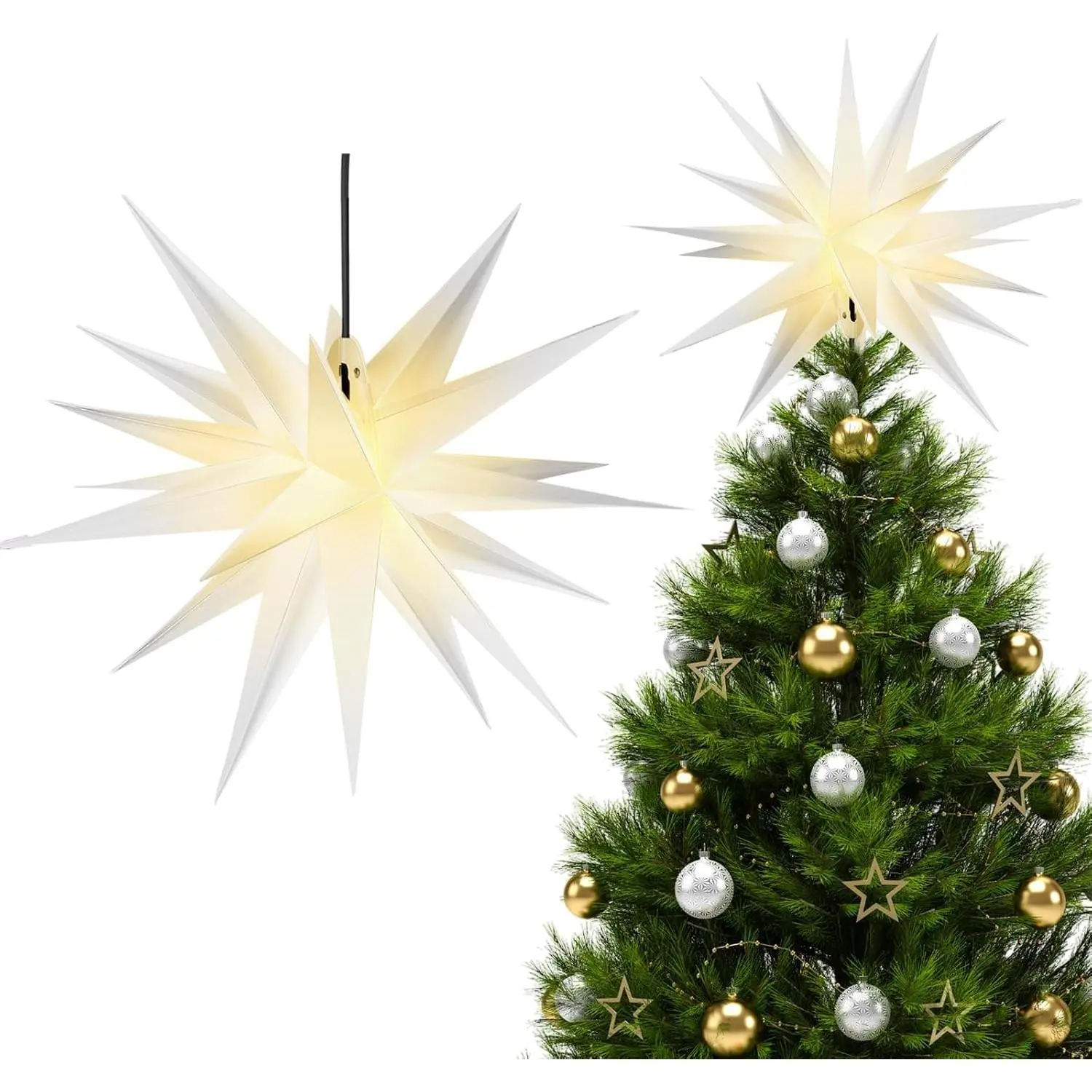 Moravian  Tree Topper Christmas Tree Decor    Outdoor Christmas Light  Xmas Treetop for Holiday Decor (White,18 Inch)