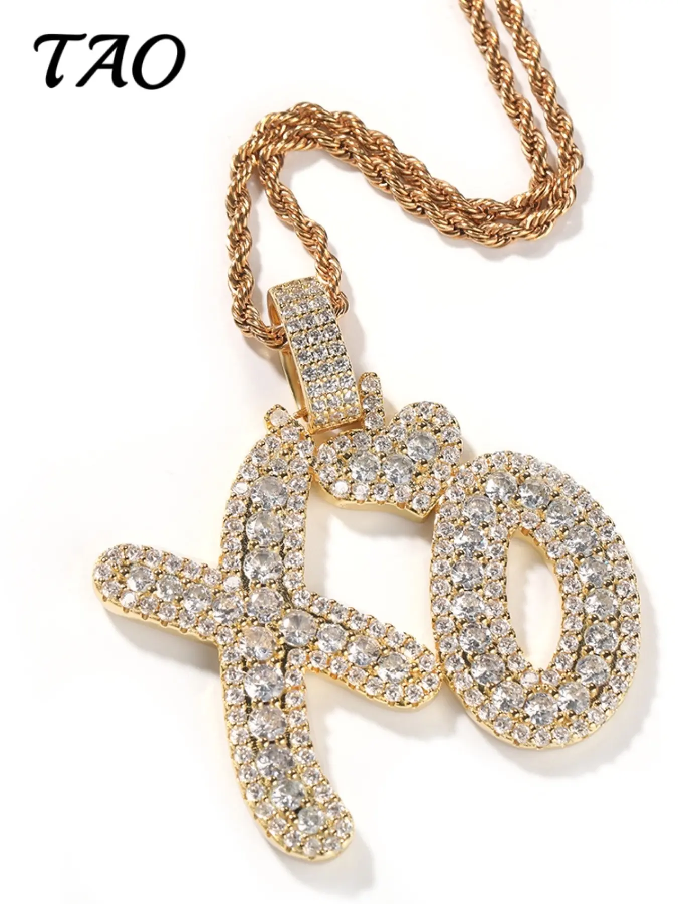 TAO-Creative Zircon Embedded Xo Letter Pendant Costume Jewelry Necklace, 24-Inch Braided Chain, Hip Hop Style, Luxurious and Versatile, All Seasons Wear
