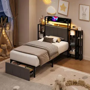Twin Upholstered Bed Frame with Hidden Headboard Storage & Top Shelf – LED Lights – Charging Station – Side Shelves – Pull‑Out Footboard Storage – No Box Spring Needed