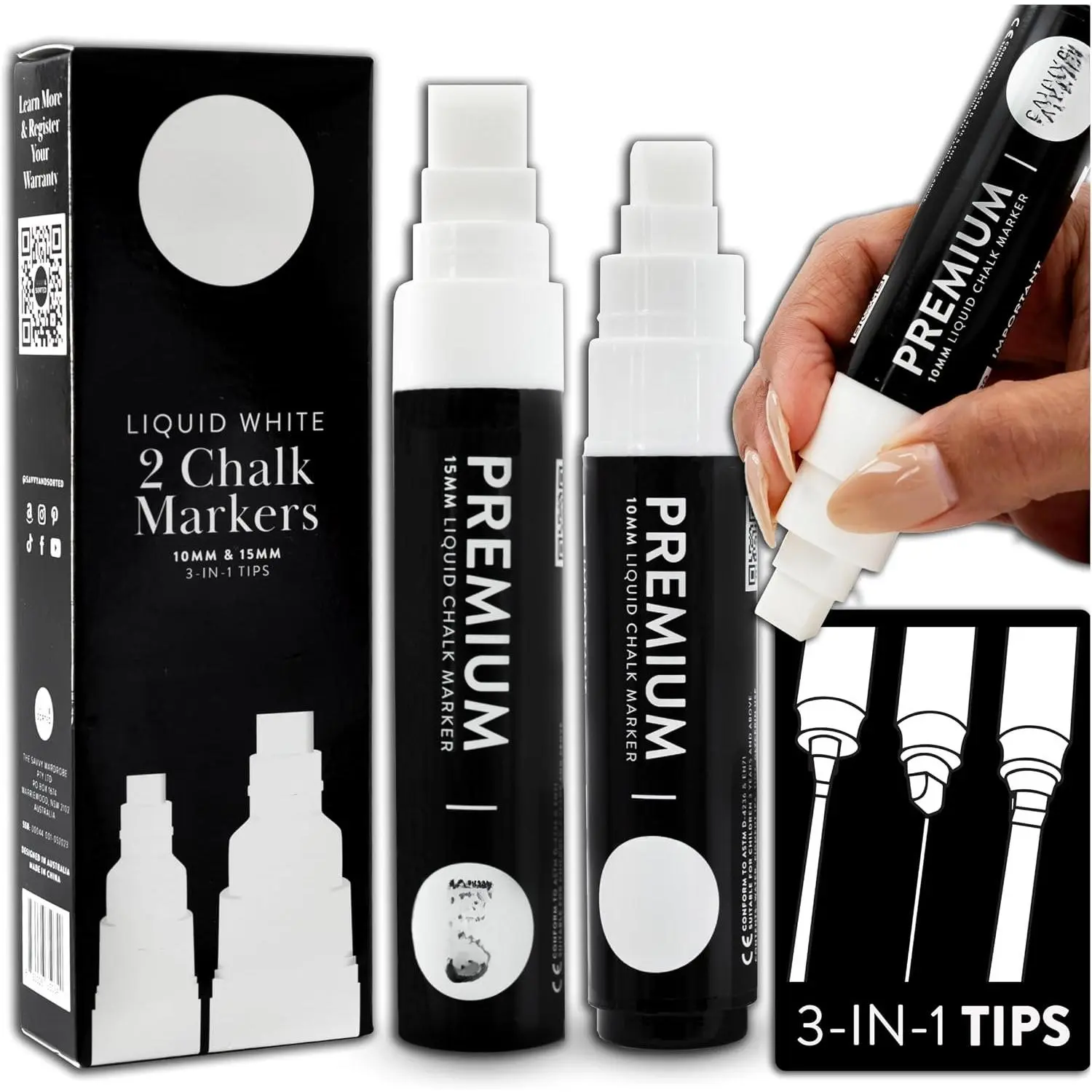 White Chalk Markers for Blackboard, 2PK 10 and 15mm Bold Marker for Glass Window, Washable Chalkboard Markers  Board  Chalk Pens
