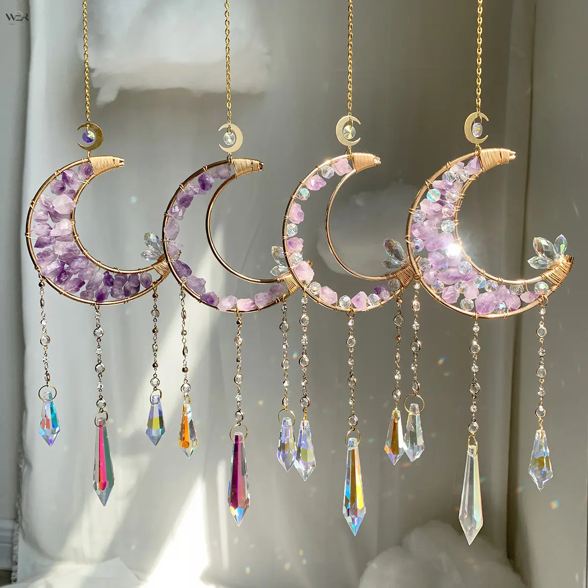 Handmade Moon Crystal Suncatcher, Natural Amethyst Raw Stone Window Hanging Ornament, Rainbow Prism Light Catcher, Boho Wall Decor for Home Window Garden, Ideal Gift