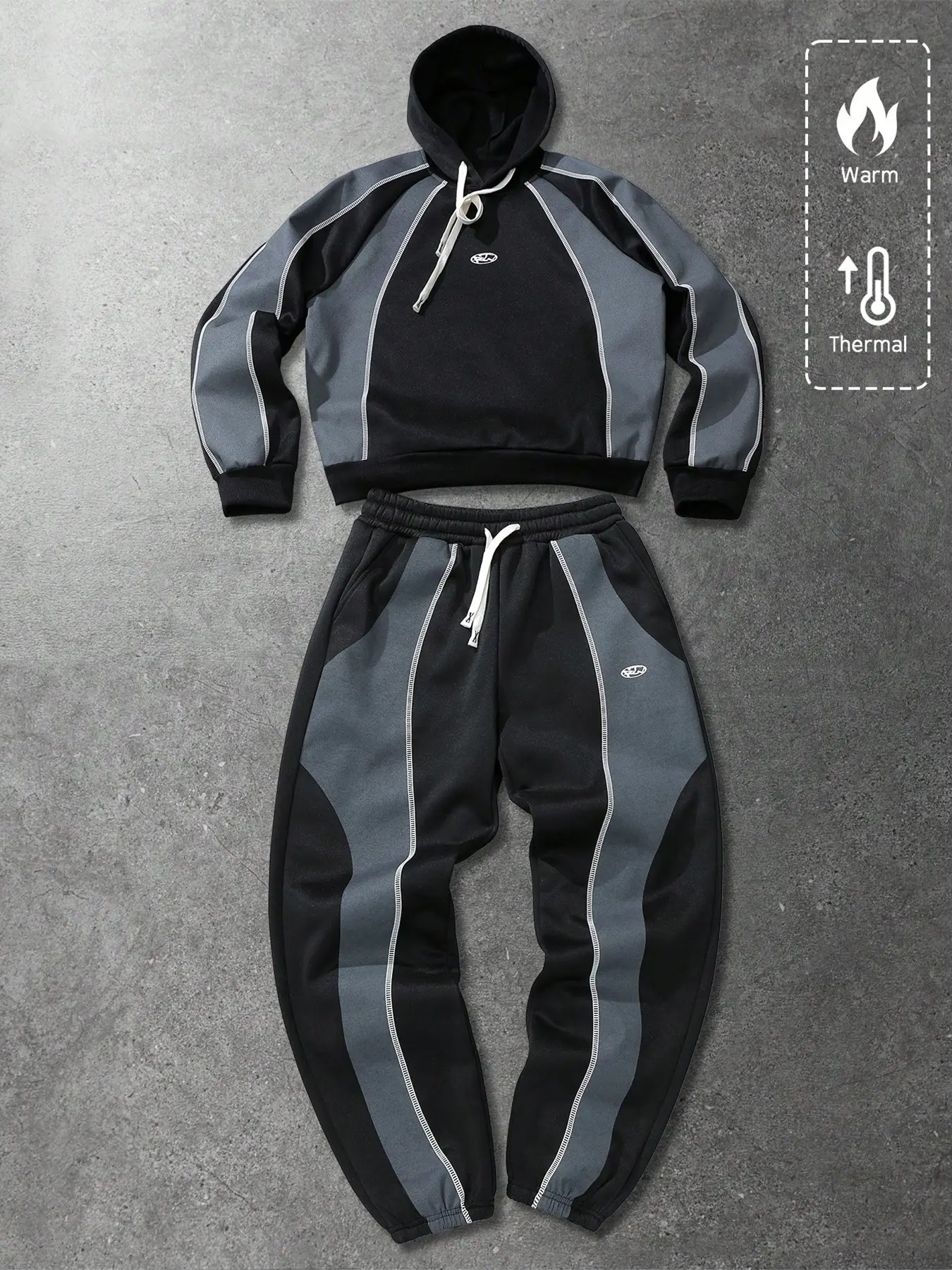 Y2K Retro Racing Streetwear Matching Tracksuit for Men, Color Block White Stripe Drawstring Hoodie and Jogger Pants Set, Loose Thermal Athleisure Two Piece Outfit for Travel Daily Spring Autumn Fashion