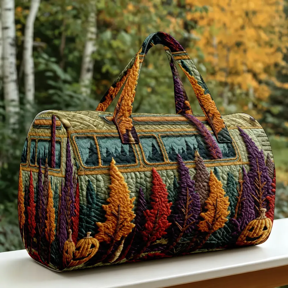 Halloween-themed Quilted Round Tote Bag with Gray-Green Background, Featuring Vintage Bus, Autumn Trees, and Jack-o'-Lantern Patterns—Perfect for Women. A Harvest-themed Gift for Halloween, Thanksgiving, and Christmas. Quilted Tote Bags