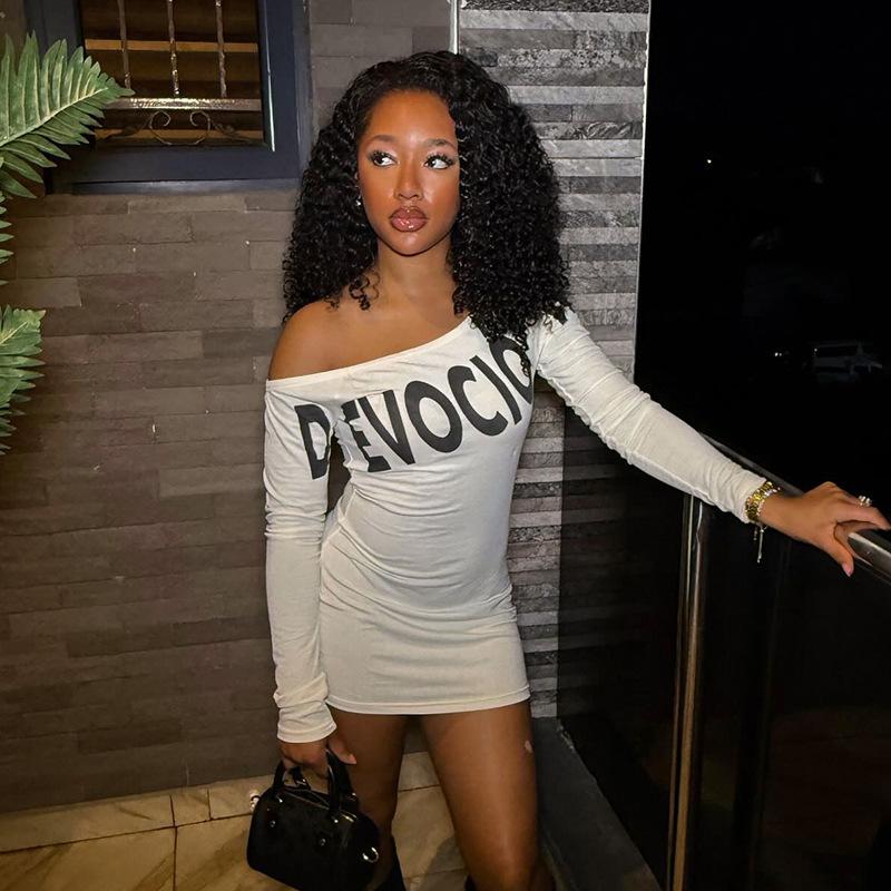 Women's Streetwear One Shoulder Long Sleeve Bodycon Dress - Letter Print Asymmetrical Mini Dress, Y2K Sexy Tight Clubwear track dress