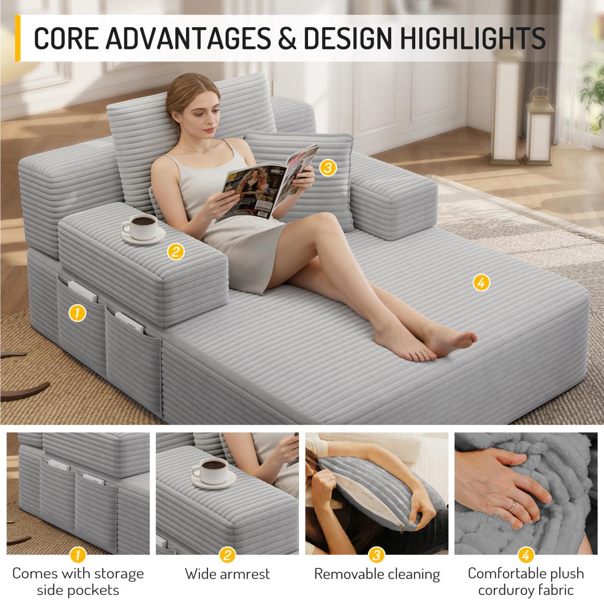 Luxurious Plush Corduroy Chaise Lounge with 3 Pillows, Convertible Sofa Bed with Storage Pocket, Frameless Design & Compression Foam for Small Spaces, Living Room, Apartment,Light Grey
