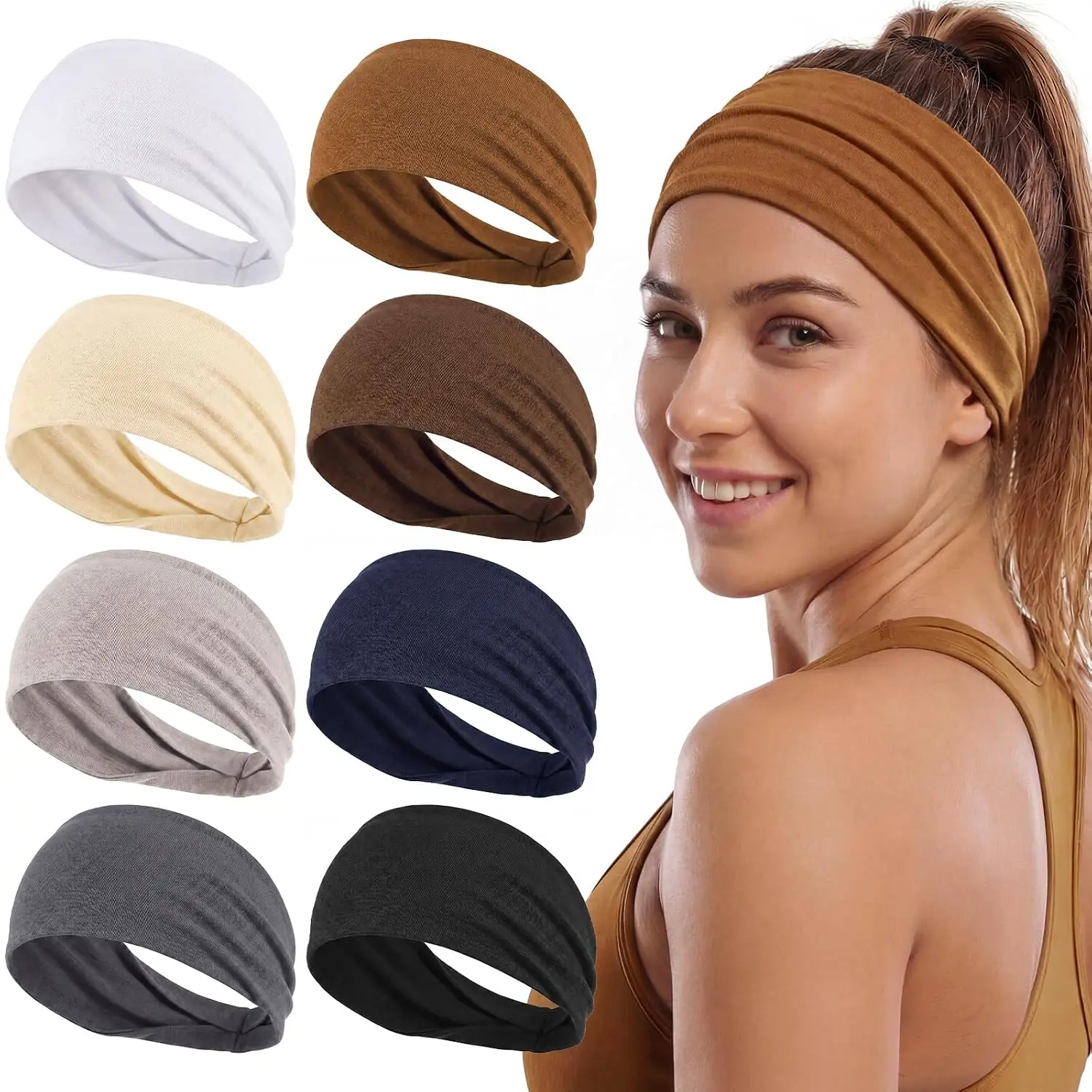 8 Pack Workout Headbands for Women, Non-Slip Cloth Headbands | Stretchy Sweatbands  Bands, Thin Hairbands, Stays In Place for Yoga, Running, Gym, -Day Wear