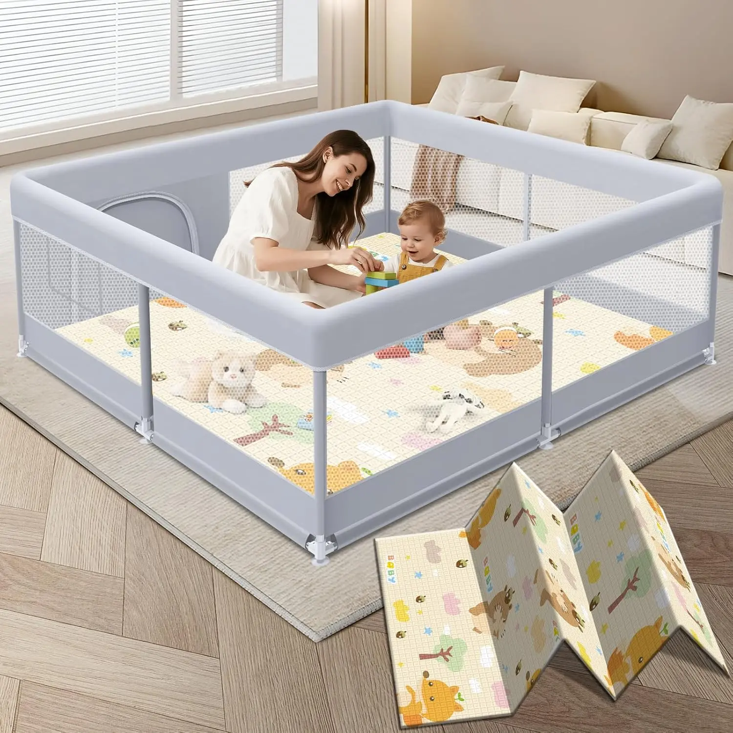 Baby Playpen with Mat, 50 x 50 Inch Play Pen Playards, Playpen  Babies and Toddlers, Baby Playard  Indoor & Outdoor Active Center Game Fence, Skin-Friendly Fabric and Soft Breathable Mesh