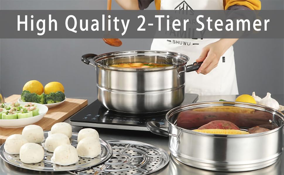 Steamer Pot for Cooking 11.8 inch Steam Pots with Lid 2-tier Stainless Steel Steaming Pot Multipurpose Cookware with Handle for Vegetable, Dumpling, Stock, Sauce, Food