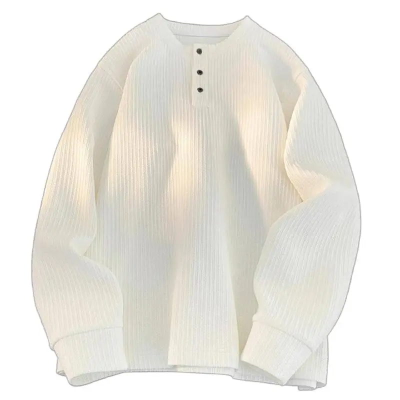 Men's Hooded Henley T-Shirt - Casual Loose-Fit Heavyweight Waffle Knit Longsleeve Sweatshirt, Pullover with Round Neck & Buttons, Versatile Hoodie Layer for Spring Autumn Menswear