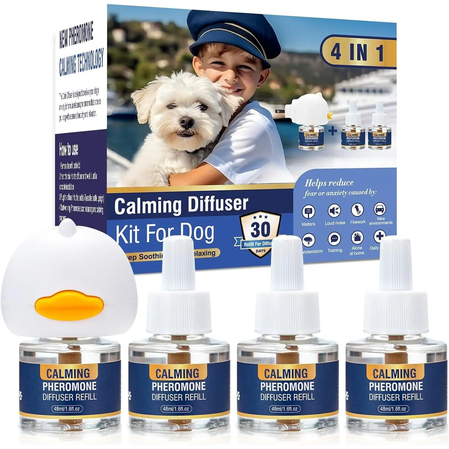 4 In 1 Dog Pheromone Calming Diffuser Kit, Plug-in with 3 Pack 48ml Refill, Relieves Pet Anxiety Reduces Barking Aggression Stress, 90 Day Tasteless Supply