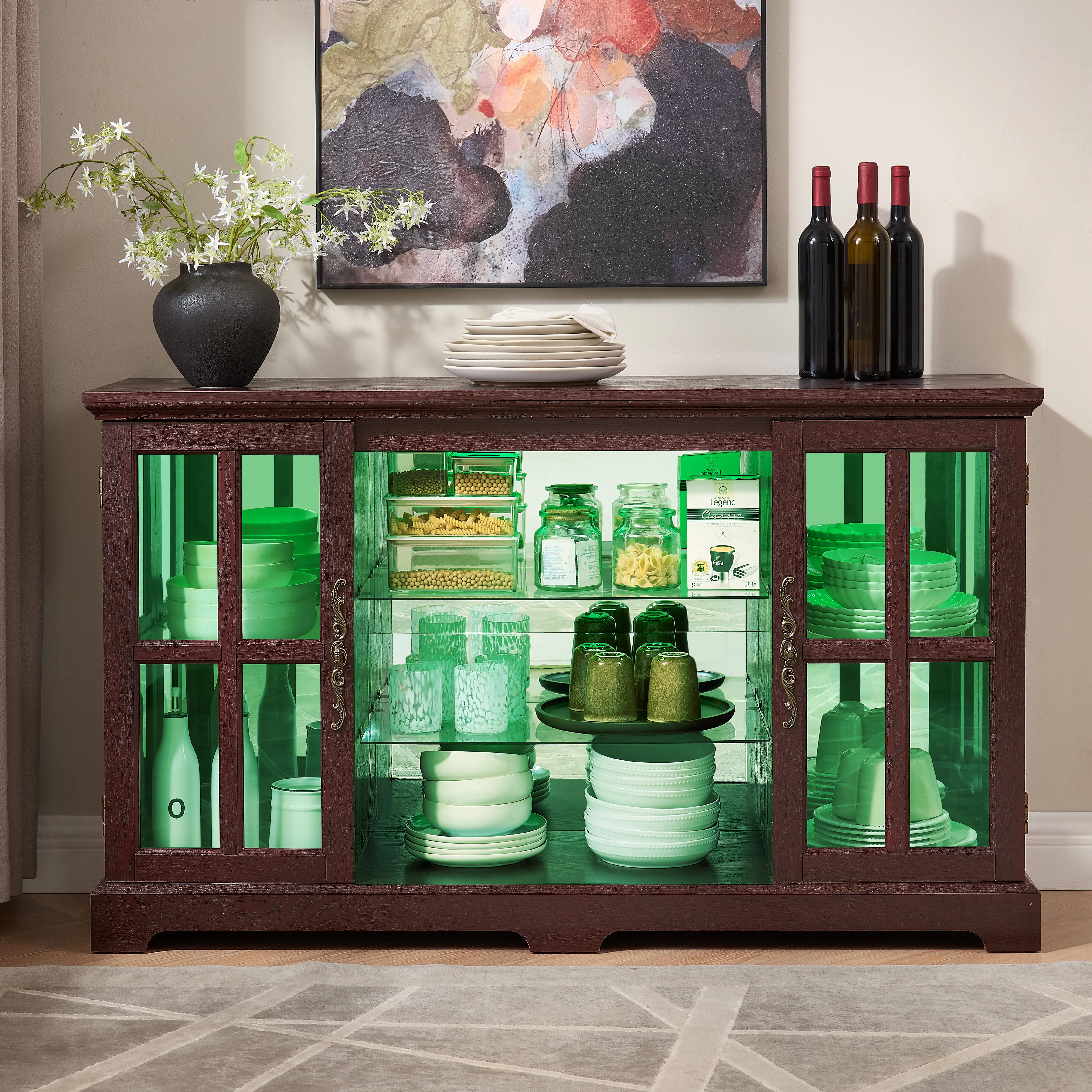 ARCH Dark Cherry Rectangular 2-Door Glass Display Cabinet - MDF Sideboard with RGB Lights, Adjustable Shelves, Mirror Back, Vintage Handles - for Dining Room, Living Room - 15.75W x 53.82D x 31.89H in